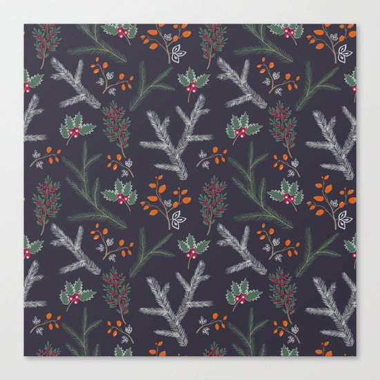 Seamless pattern with floral branches winter christmas hand drawn texture background Canvas Print