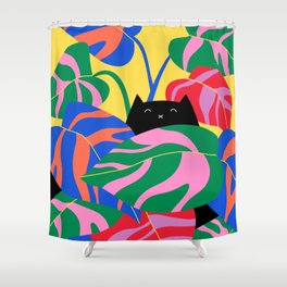 Black Cat Hiding in Philodendron Plant - Colorful Palette Shower Curtain
