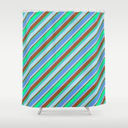 [ Thumbnail: Cornflower Blue, Powder Blue, Sienna & Green Colored Striped Pattern Shower Curtain ]
