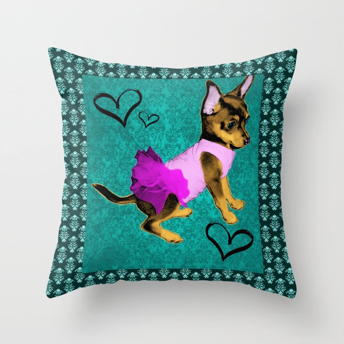 Grunge Damask Pop Art Chihuahua Puppy Wearing a Tutu Throw Pillow