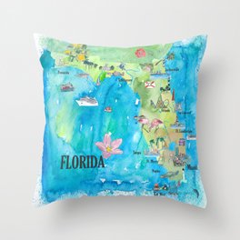 USA Florida State Fine Art Print Retro Vintage Map with Touristic Highlights Throw Pillow
