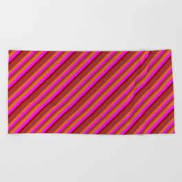 [ Thumbnail: Brown, Chocolate, Fuchsia, and Dark Red Colored Pattern of Stripes Beach Towel ]