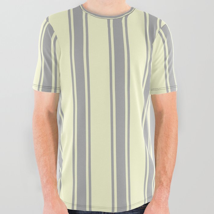 Light Yellow & Dark Gray Colored Lines Pattern All Over Graphic Tee