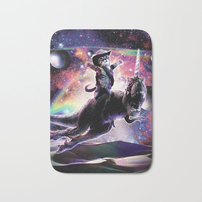 Galaxy Cat On Dinosaur Unicorn In Space Bath Mat