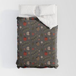 Ladybug and Floral Seamless Pattern on Dark Grey Background Duvet Cover