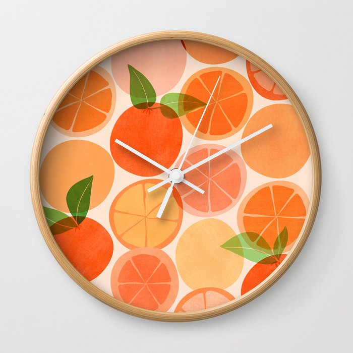 Sunny Oranges Tropical Fruit Illustration Wall Clock