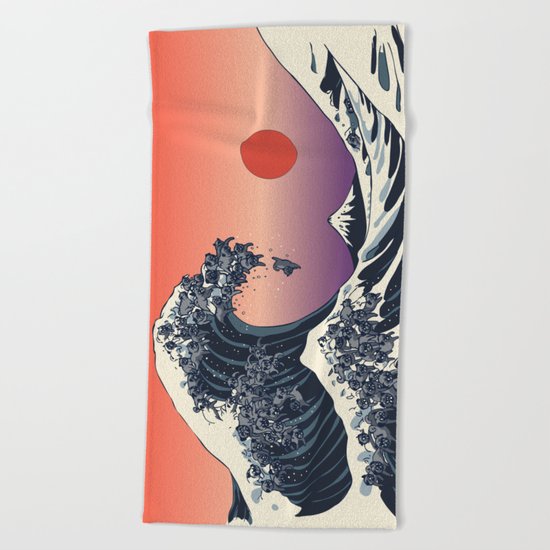 The Great Wave of Black Pug Beach Towel