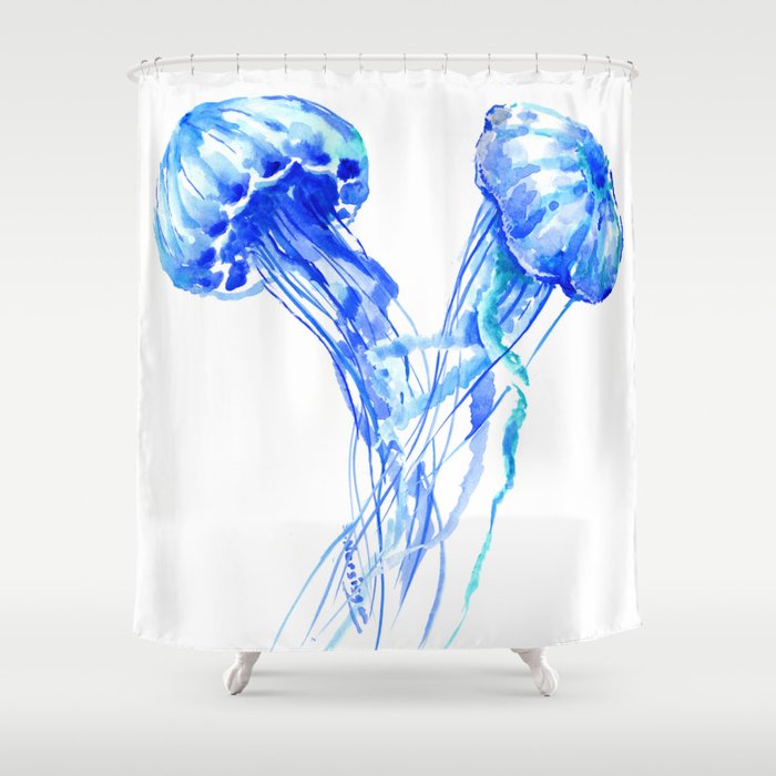 JellyFish, Blue Aquatic Artwork Shower Curtain