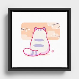 Cute Kawaii Cat Looking at Cherry Blossoms Framed Canvas