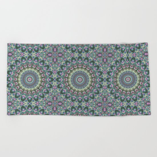 Gray green colorful ornament . Mandala . Kaleidoscope . Beach Towel