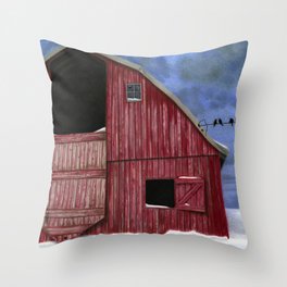 Rustic Red Barn In Winter Throw Pillow