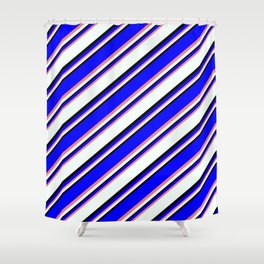 [ Thumbnail: Blue, Light Coral, Mint Cream & Black Colored Lined Pattern Shower Curtain ]