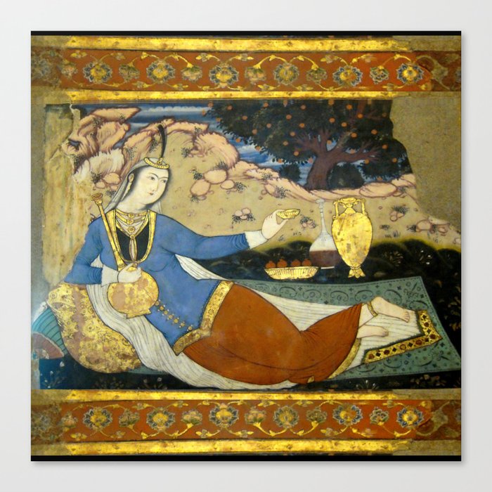 Persian Fresco Miniature Lady in the Garden siting in a rug, Chehel Sotoun, Isfah, Iran Canvas Print