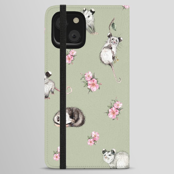 I Love Opossums Possums Classic Sage with Flowers iPhone Wallet Case