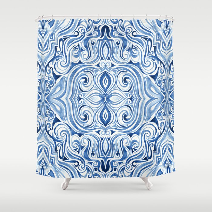 Indigo Blue Watercolor Swirl Pattern Shower Curtain
