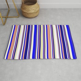 [ Thumbnail: Pale Goldenrod, White, Blue, Dark Salmon, and Dark Blue Colored Pattern of Stripes Rug ]