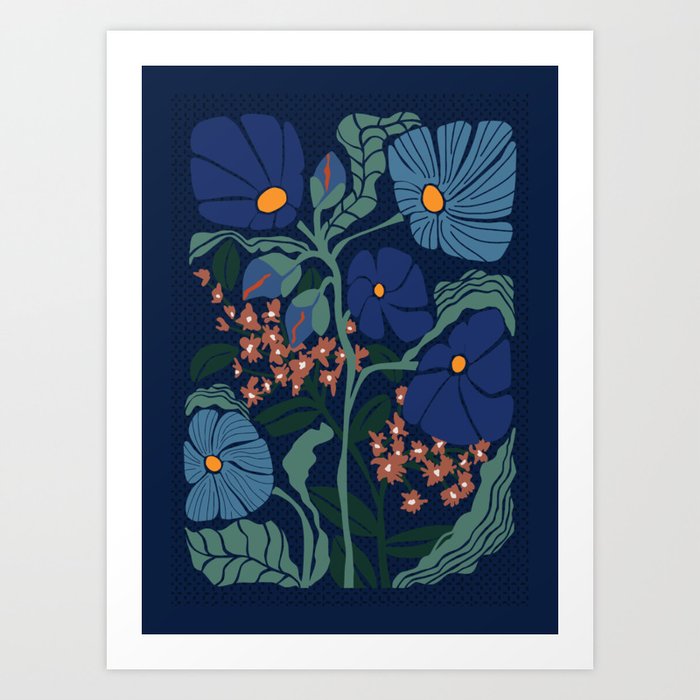 Klimt flower dark blue Art Print