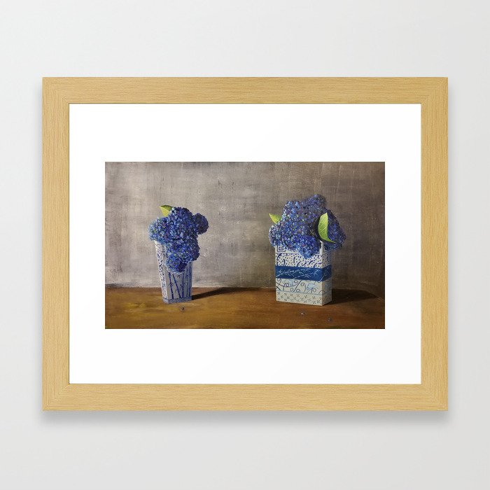 Blue Hydrangeas in Unique Chinese Vases Framed Art Print