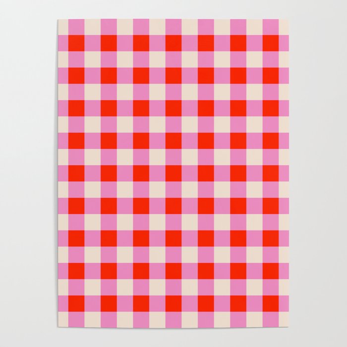 Pink and Ruby Red Gingham Plaid Retro Pattern Poster