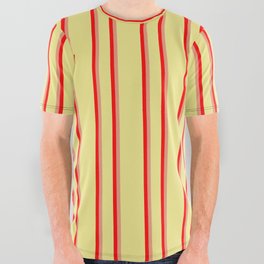 [ Thumbnail: Tan, Red, and Dark Salmon Colored Pattern of Stripes All Over Graphic Tee ]