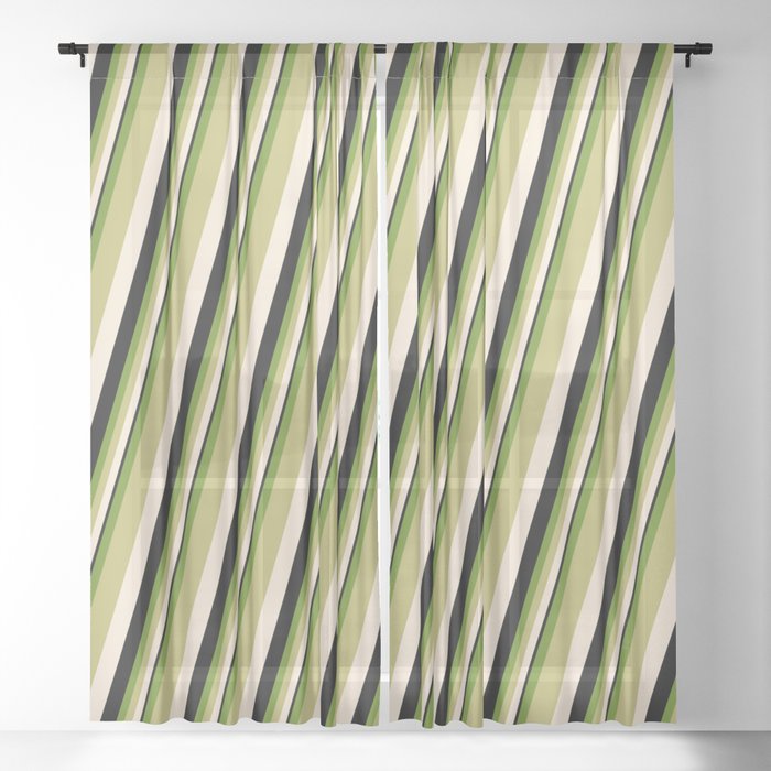 Green, Dark Khaki, Beige & Black Colored Stripes/Lines Pattern Sheer Curtain