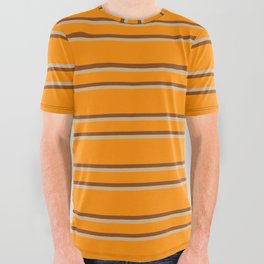 [ Thumbnail: Dark Orange, Brown & Tan Colored Lined/Striped Pattern All Over Graphic Tee ]
