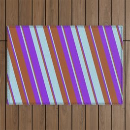 [ Thumbnail: Sienna, Light Blue & Purple Colored Lines/Stripes Pattern Outdoor Rug ]
