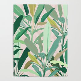 Tropical Green Banana Leaves Pink Pattern Poster