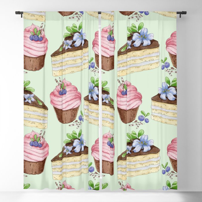 Watercolor texture with blueberries cupcakes and a piece of vanilla cake Blackout Curtain