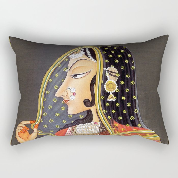 Bani Thani female portrait painting in traditional Rajasthani, the Mona Lisa of India  Rectangular Pillow