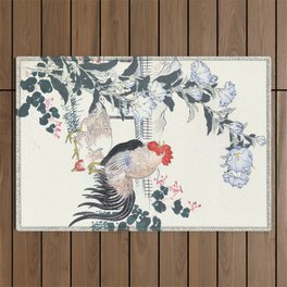 Kono Bairei - Rooster And Hen Near Bellflower - Vintage Japanese Woodblock Print Art  Outdoor Rug