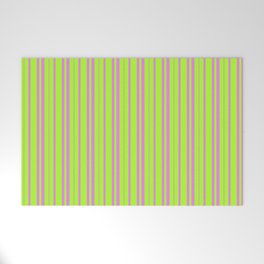 [ Thumbnail: Light Green & Violet Colored Pattern of Stripes Welcome Mat ]