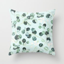 Beautiful illustration pattern with eucalyptus leaves and little white flowers Throw Pillow