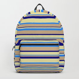 [ Thumbnail: Tan, Dark Blue, Pale Goldenrod & Blue Colored Lined Pattern Backpack ]