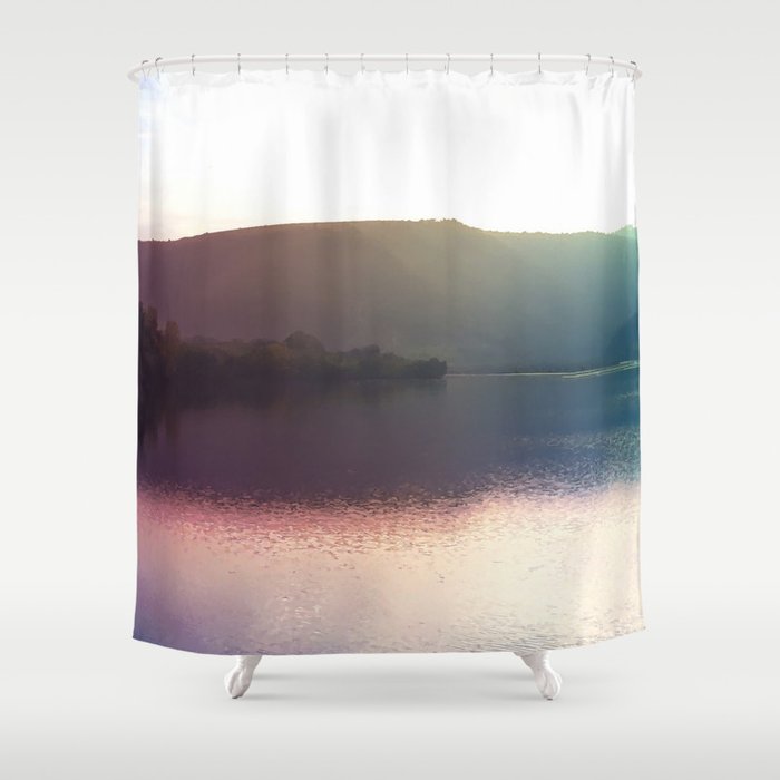 Rainbow susnet over the lake Shower Curtain