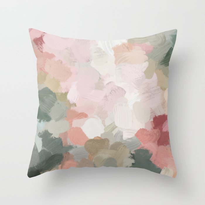 Time to Bloom - Forest Green Fuchsia Blush Pink Abstract Flower Spring Painting Art Throw Pillow