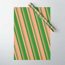 [ Thumbnail: Forest Green & Light Salmon Colored Lined/Striped Pattern Wrapping Paper ]
