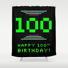 [ Thumbnail: 100th Birthday - Nerdy Geeky Pixelated 8-Bit Computing Graphics Inspired Look Shower Curtain ]