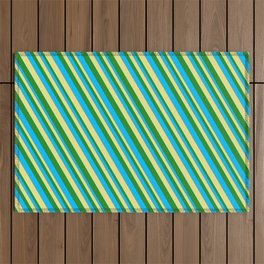 [ Thumbnail: Deep Sky Blue, Tan & Forest Green Colored Striped Pattern Outdoor Rug ]