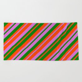 [ Thumbnail: Orchid, Green & Red Colored Stripes/Lines Pattern Beach Towel ]