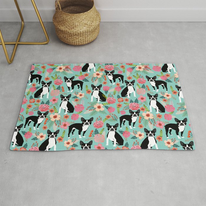 Floral Boston Terrier cute flowers spring bouquet love valentines day black and white mint dogs Rug