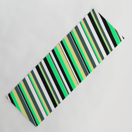 [ Thumbnail: Vibrant Green, Tan, Dark Slate Gray, White, and Black Colored Striped/Lined Pattern Yoga Mat ]