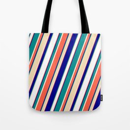 [ Thumbnail: Red, Dark Blue, Dark Cyan, Tan & White Colored Lined/Striped Pattern Tote Bag ]
