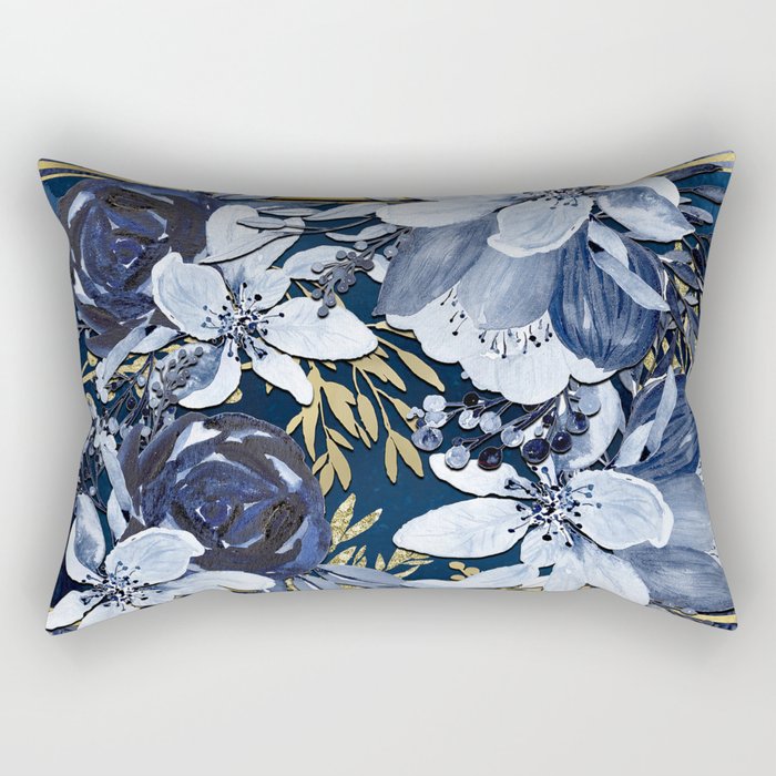 Navy Blue & Gold Watercolor Floral Rectangular Pillow