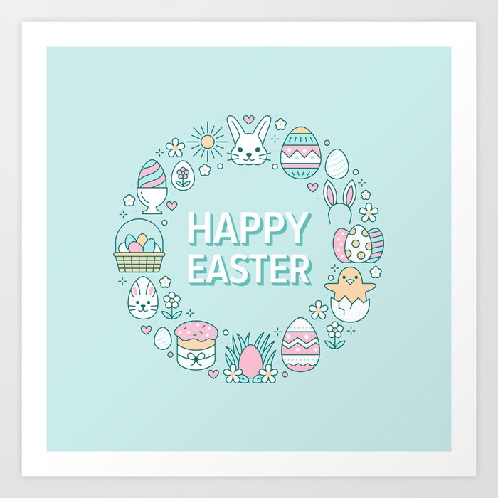 Happy Easter Wreath Aqua Bunny Eggs and Baskets - Pastel Teal Art Print