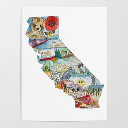 California Illustration - State Symbols - Sunshine - State Outline - State Map - Landmarks Poster