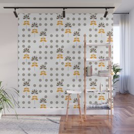 Grey Polka Dot And Floral Retro Pattern Background Wall Mural