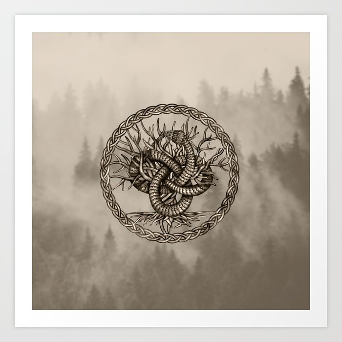Ouroboros Celtic Knot with Tree of Life Sepia Art Print by Creativemotions  | Society6
