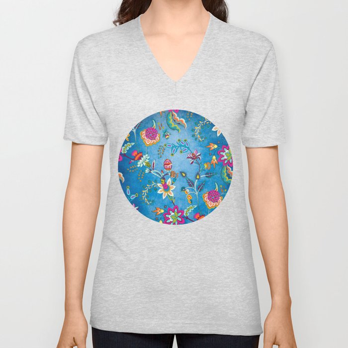 Blue Lapis Velvet Texture Chintz Multicolour Bohemian Floral Pattern V Neck T Shirt