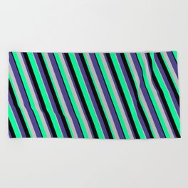 [ Thumbnail: Dark Slate Blue, Grey, Green, and Black Colored Lines/Stripes Pattern Beach Towel ]